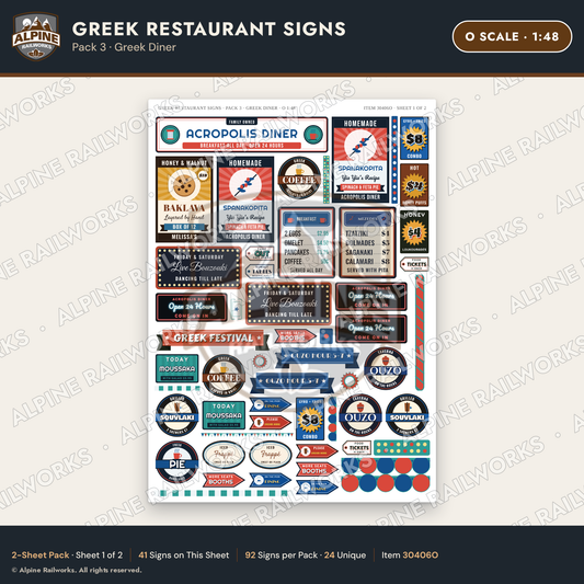 Alpine Railworks 30406O O Scale Greek Restaurant Signs - Greek Diner