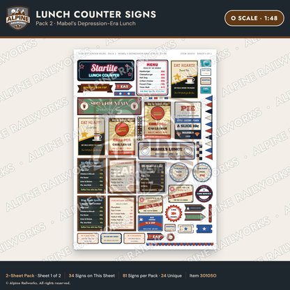 Alpine Railworks 30105O O Scale Lunch Counter Signs