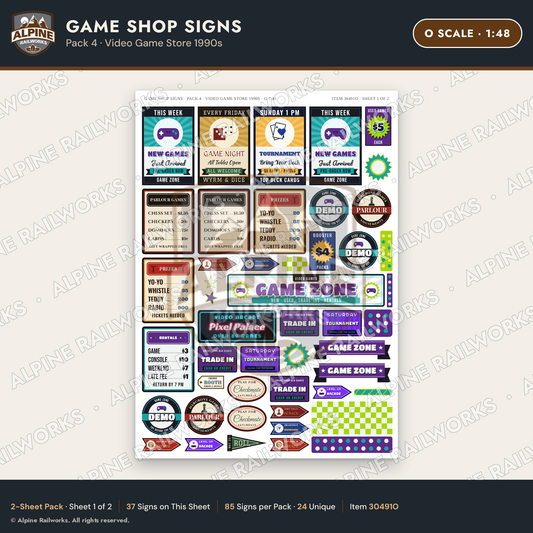 Alpine Railworks 30491O O Scale Game Shop Signs - Video Game Store