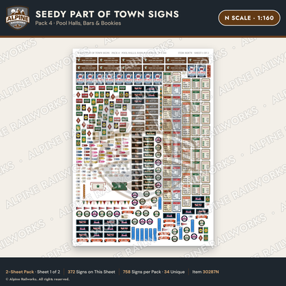 Alpine Railworks 30287N N Scale Seedy Part of Town Signs - Pool Halls