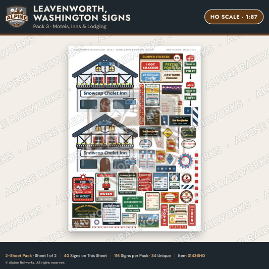 Alpine Railworks 31436HO HO Scale Leavenworth WA Signs - Motels & Inns