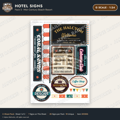Alpine Railworks 30126G G Scale Hotel Signs - Mid-Century Beach Resort