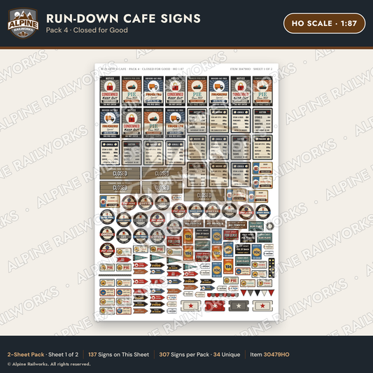 Alpine Railworks 30479HO HO Scale Run-Down Cafe Signs