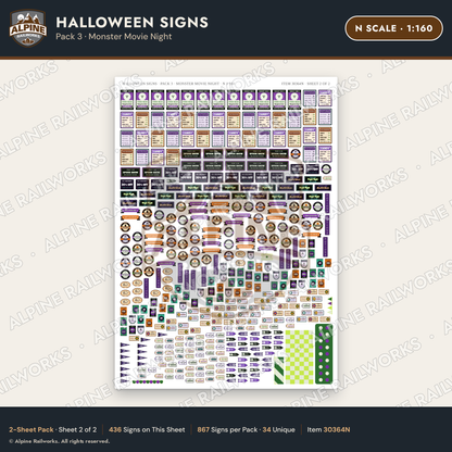 Alpine Railworks 30364N N Scale Halloween Signs - Monster Movie Night