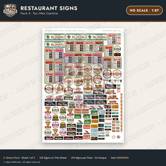 Alpine Railworks 30035HO HO Scale Restaurant Signs - Tex-Mex Cantina