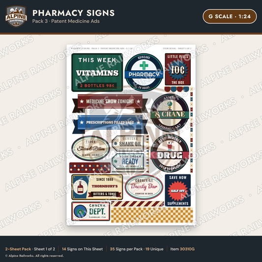 Alpine Railworks 30310G G Scale Pharmacy Signs - Patent Medicine Ads