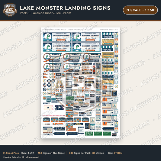 Alpine Railworks 31106N N Scale Roadside Signs - Lake Monster