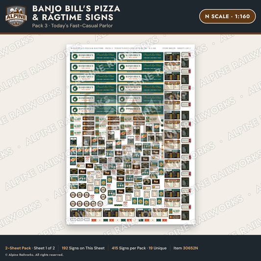 Alpine Railworks 30652N N Scale Restaurant Signs - Pizza & Music Hall