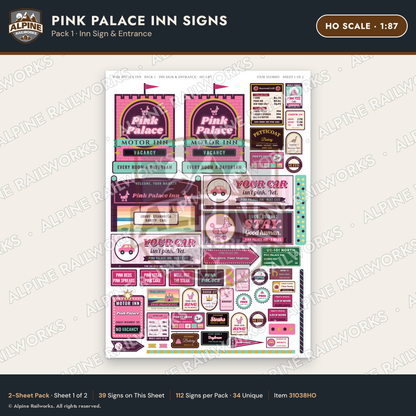Alpine Railworks 31038HO HO Scale Roadside Signs - Pink Themed Motel