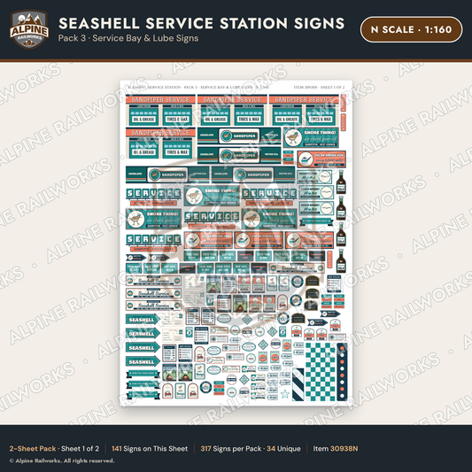 Alpine Railworks 30938N N Scale Roadside Signs - Seashell Gas Station