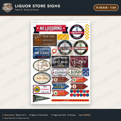 Alpine Railworks 30295G G Scale Liquor Store Signs - Rules & Hours