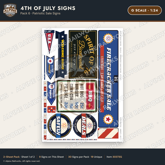 Alpine Railworks 30373G G Scale 4th of July Signs - Patriotic Sale