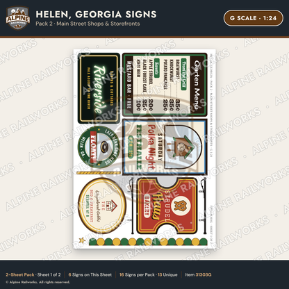 Alpine Railworks 31303G G Scale Helen GA Signs - Main Street Shops
