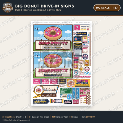 Alpine Railworks 30948HO HO Scale Roadside Signs - Giant Donut Shop