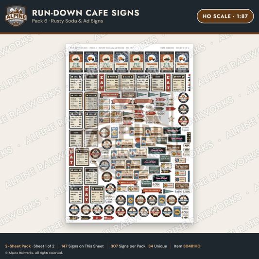 Alpine Railworks 30481HO HO Scale Run-Down Cafe Signs - Rusty Soda
