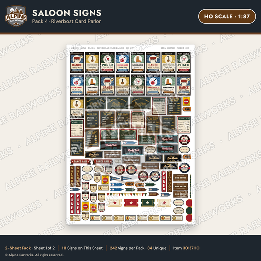 Alpine Railworks 30137HO HO Scale Saloon Signs - Riverboat Card Parlor