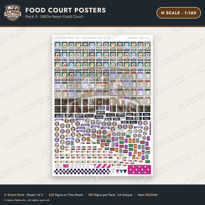 Alpine Railworks 30204N N Scale Food Court Posters - Neon Food Court