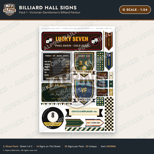 Alpine Railworks 30098G G Scale Billiard Hall Signs