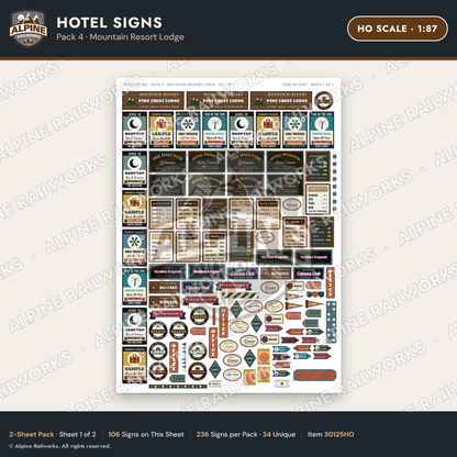 Alpine Railworks 30125HO HO Scale Hotel Signs - Mountain Resort Lodge