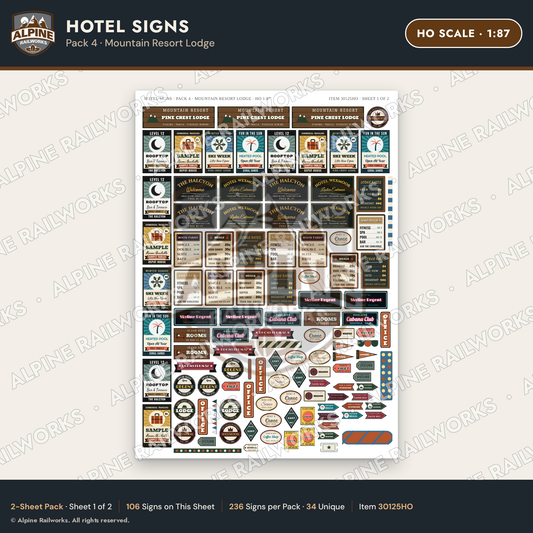 Alpine Railworks 30125HO HO Scale Hotel Signs - Mountain Resort Lodge