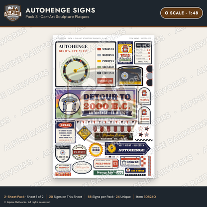 Alpine Railworks 30824O O Scale Roadside Attraction Signs - Car Henge