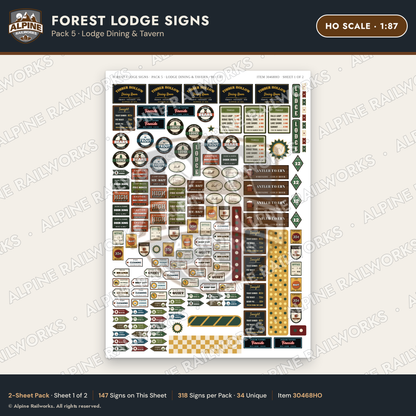 Alpine Railworks 30468HO HO Scale Forest Lodge Signs - Lodge Dining