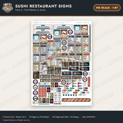 Alpine Railworks 30425HO HO Scale Sushi Restaurant Signs - Fish Market