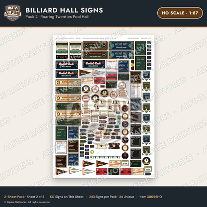 Alpine Railworks 30099HO HO Scale Billiard Hall Signs