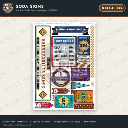 Alpine Railworks 30338G G Scale Soda Signs - Soda Fountain Syrups