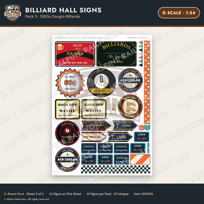 Alpine Railworks 30100G G Scale Billiard Hall Signs - Googie Billiards