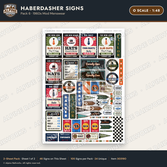 Alpine Railworks 30319O O Scale Haberdasher Signs - 1960s Mod Menswear