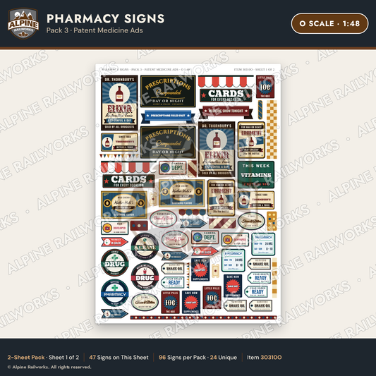 Alpine Railworks 30310O O Scale Pharmacy Signs - Patent Medicine Ads