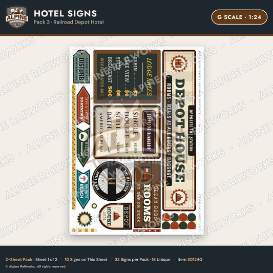 Alpine Railworks 30124G G Scale Hotel Signs - Railroad Depot Hotel