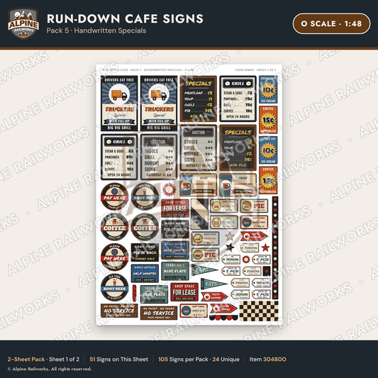 Alpine Railworks 30480O O Scale Run-Down Cafe Signs