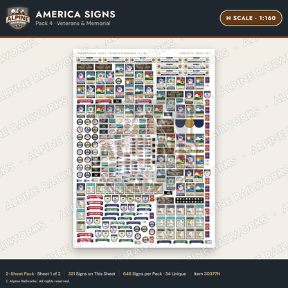 Alpine Railworks 30377N N Scale America Signs - Veterans & Memorial