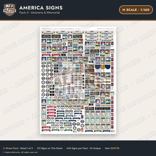 Alpine Railworks 30377N N Scale America Signs - Veterans & Memorial