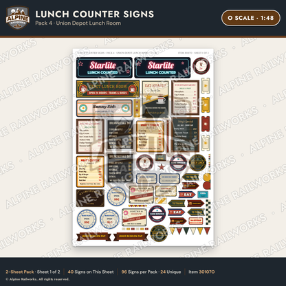 Alpine Railworks 30107O O Scale Lunch Counter Signs