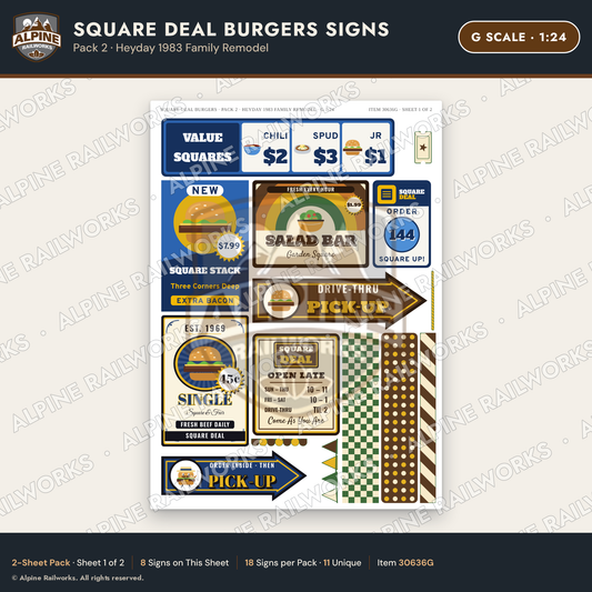 Alpine Railworks 30636G G Scale Fast Food Signs - Square Burgers