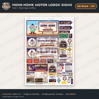 Alpine Railworks 31092HO HO Scale Roadside Signs - Clown Motel