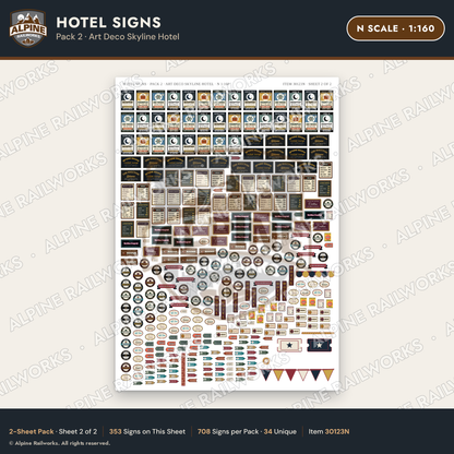 Alpine Railworks 30123N N Scale Hotel Signs - Art Deco Skyline Hotel