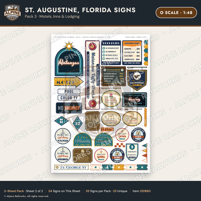Alpine Railworks 31286O O Scale St. Augustine FL Signs - Motels & Inns