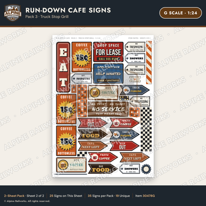 Alpine Railworks 30478G G Scale Run-Down Cafe Signs - Truck Stop Grill