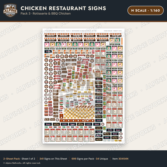 Alpine Railworks 30454N N Scale Chicken Restaurant Signs - Rotisserie