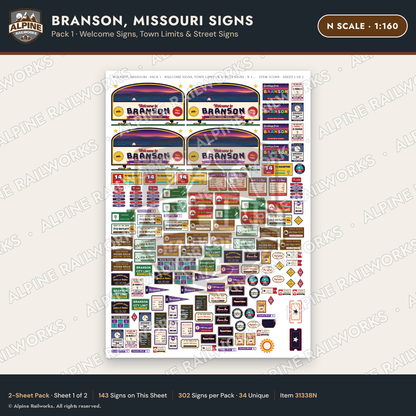 Alpine Railworks 31338N N Scale Branson MO Signs - Welcome Signs