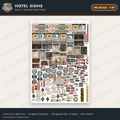 Alpine Railworks 30124HO HO Scale Hotel Signs - Railroad Depot Hotel
