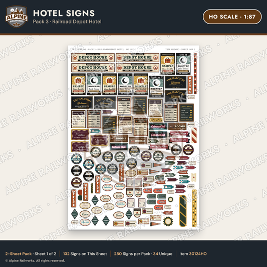 Alpine Railworks 30124HO HO Scale Hotel Signs - Railroad Depot Hotel