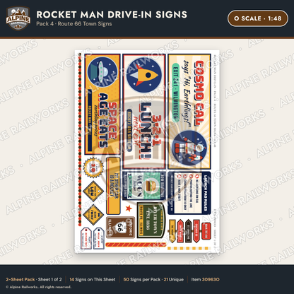 Alpine Railworks 30963O O Scale Roadside Signs - Spaceman Drive-In
