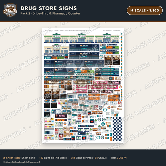 Alpine Railworks 30657N N Scale Drug Store Signs - Drive-Thru