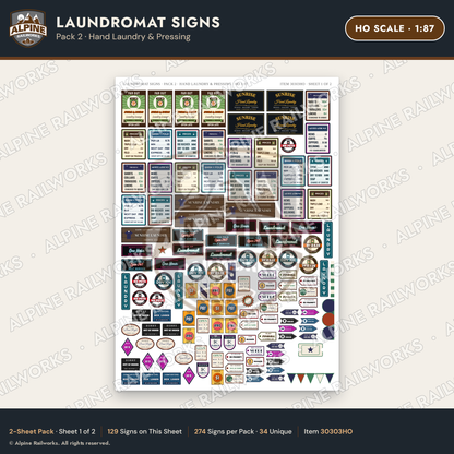 Alpine Railworks 30303HO HO Scale Laundromat Signs - Hand Laundry