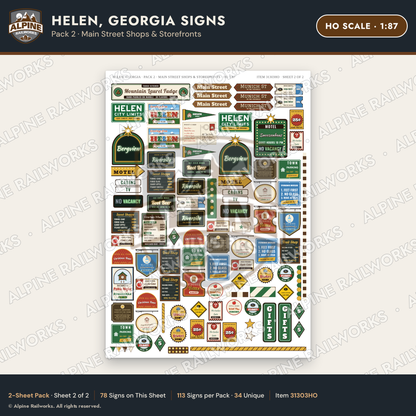 Alpine Railworks 31303HO HO Scale Helen GA Signs - Main Street Shops
